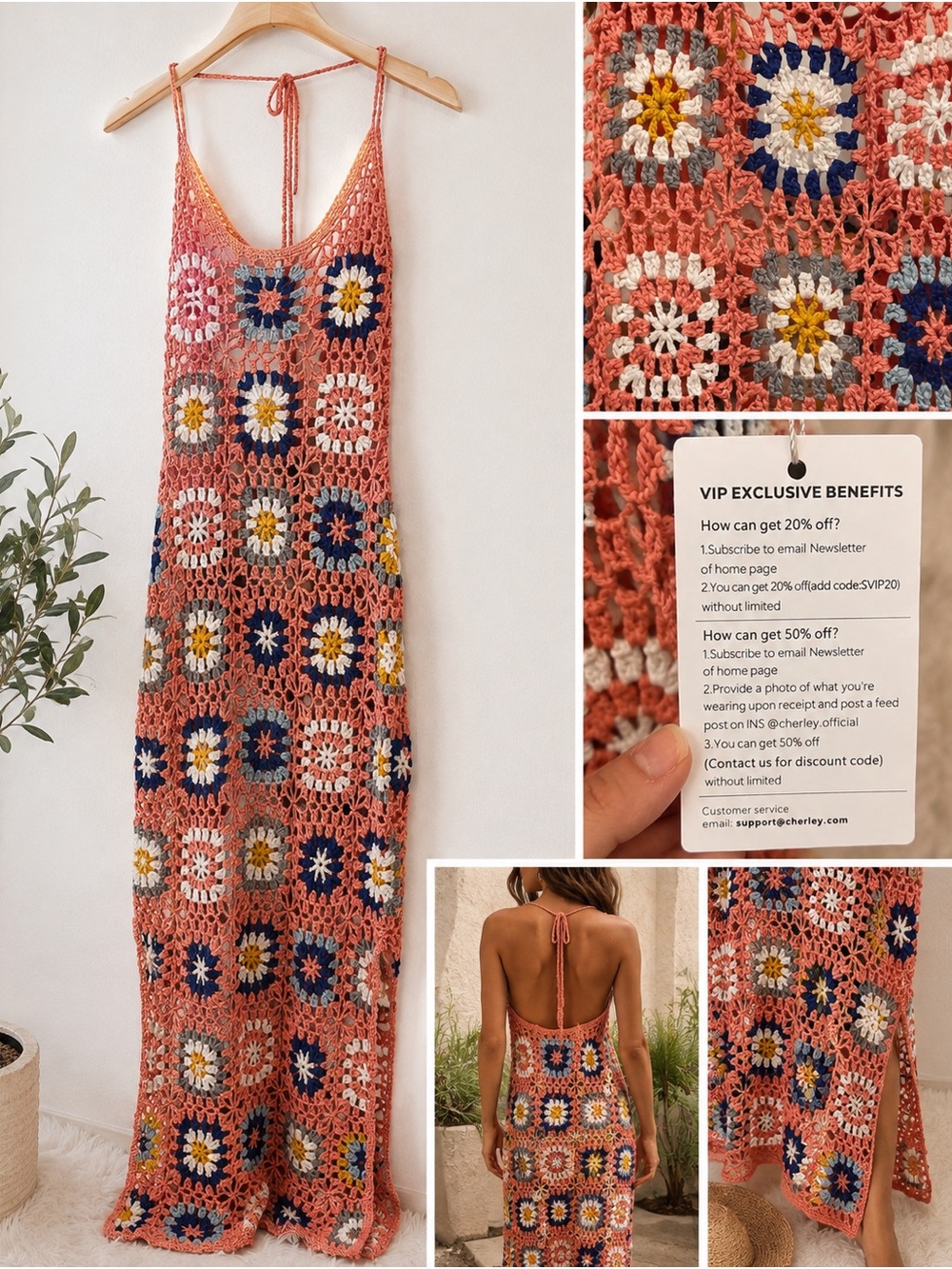 Crochet Maxi Dress with Coral & Multicolor Floral Squares